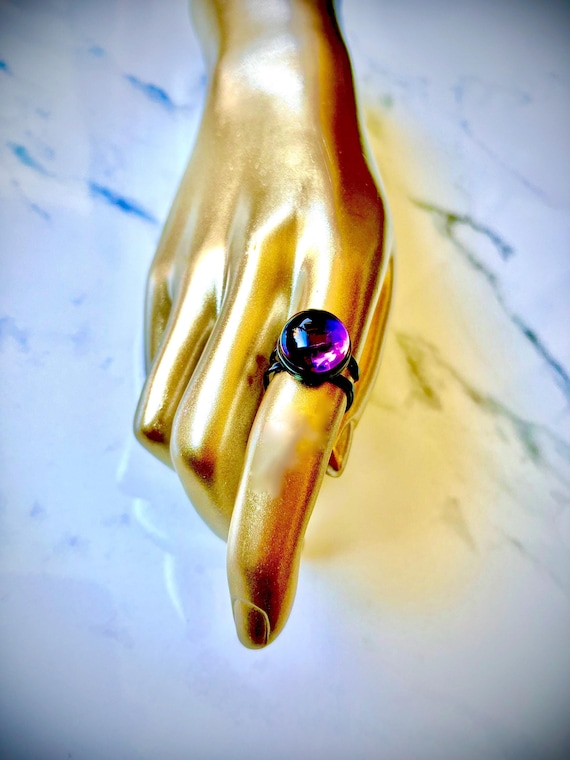 Purple Glass Crystal Ball Cocktail Ring - Artisan Handmade Glass and Mixed Metalwork - Black Metal Costume Jewelry Ring - In Other Colors!