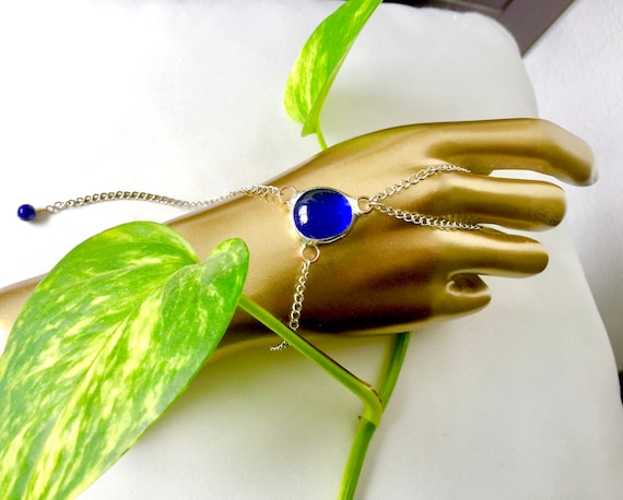 Blue Glass Hand Chain Hand Harness Artisan Made Stained Glass Mystic Royal Blue Glass Chain Bracelet Hand Cage Hand Bling Water Amulet