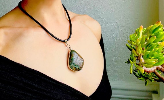 Rainforest Jasper Pendant on Satin Rubber Cord with Hidden Clasp - Artisan Made Statement Piece Necklace - Mystic Earth Amulet - OOAK Piece
