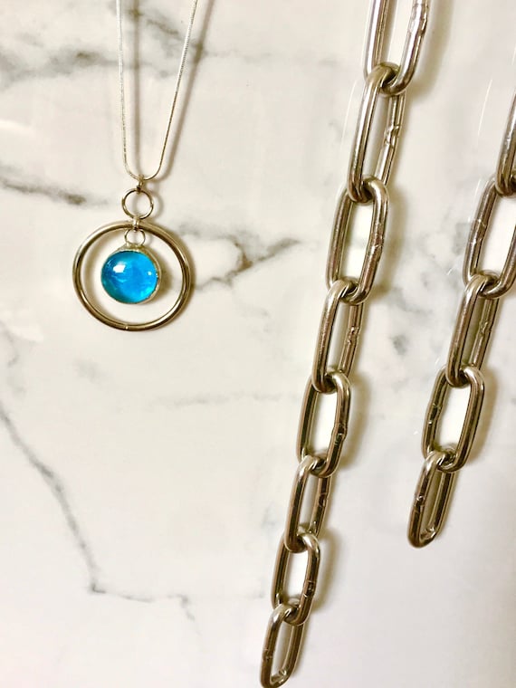 Turquoise Glass Steel Hoop Spinner LEXINGTON Necklace-Artisan Made Blue Glass Stainless Steel Ring Pendant-Spinning Fidget Ring w Glass Drop