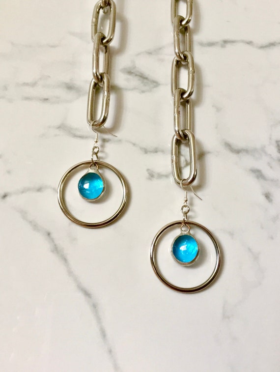 Turquoise Stained Glass & Steel Hoop LEXINGTON Spinner Earrings-Artisan Made Aquamarine Glass and Stainless Steel Cocktail Party Earrings