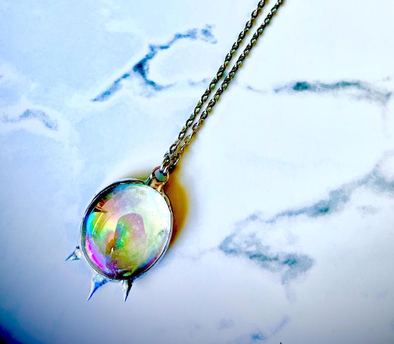 SORRY SOLD OUT! : Artisan Made Iridescent Stained Glass Silver Spiked Pendant