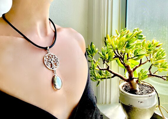 Silver Triquetra Tree of Life Pendant with Stained Glass Droplet - Satin Vegan Leather Cord with Hidden Tube Clasp - Gothic Wiccan Amulet