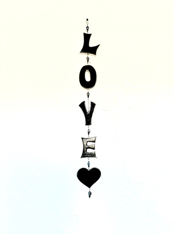 LOVE Wall or Hanging Art Silver Wrapped - Blown Glass Beads - Word Art Home Decor - Glossy Black Pine & Silver Love Sign - OOAK Mobile.