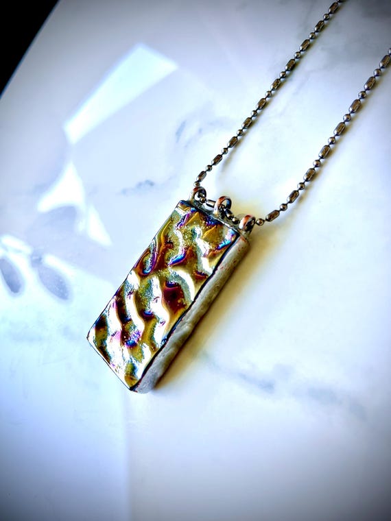 Unisex Modern Industrial Iridescent Ingot Pendant - Artisan Made Rugged Metal & Dichroic Glass Statement Piece on Heavy Duty Dot Dash Chain