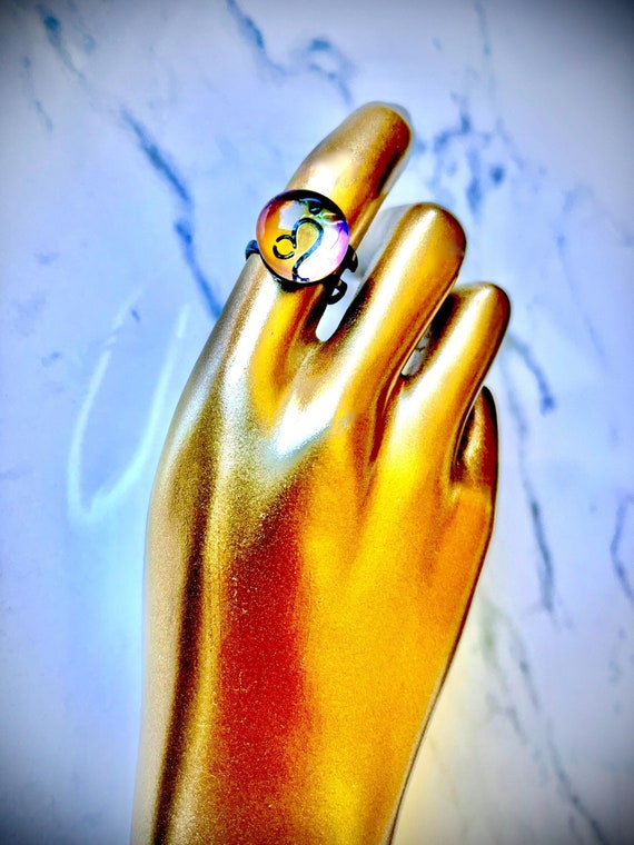 Stained Glass Horoscope Crystal Ball Cocktail Ring - Artisan Made Glass and Mixed Metalwork - Mystic Astrology Costume Jewelry Ring Bling!