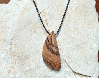 Hand Carved Olive Wood necklace pendant, Unique wooden jewelry