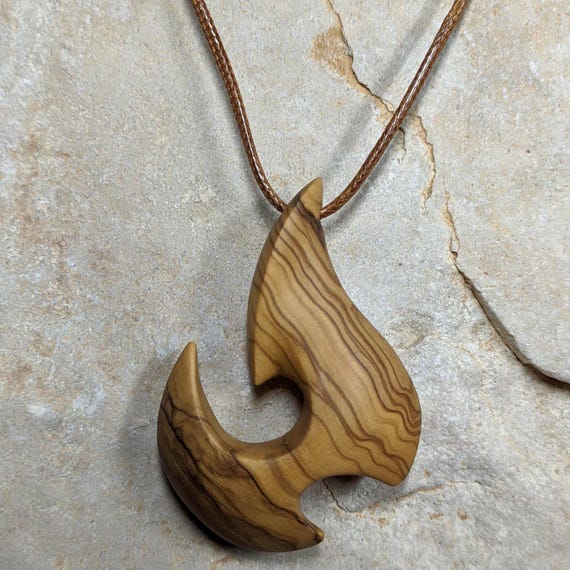 Maori Fish Hook Necklace Pendant in Olive Wood, Handmade Wooden Jewelry,  Unique Eco Friendly Gift