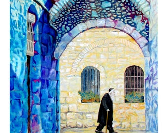 Street in Jerusalem, Chassid walking, Old man