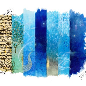 creation, bereshit, bible, hebrew, jewish art, judaica, 7 days of creation, torah, religious art, Israel. Israeli artist, Jerusalem, judaic