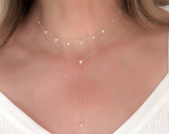 Delicate Lariat necklace. Gold Y necklace. Dainty Zircon drop necklace. Elegant Y necklace. Minimal, Layered jewelry. Statement necklace