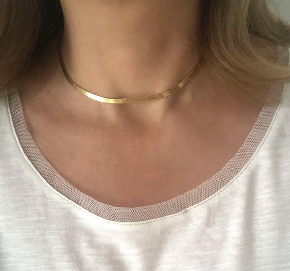 Collana con catena a serpente in oro 18 carati, collana a strati con catena a serpente piatta da 2 mm, collana girocollo in oro, catena a spina di pesce in oro, catena