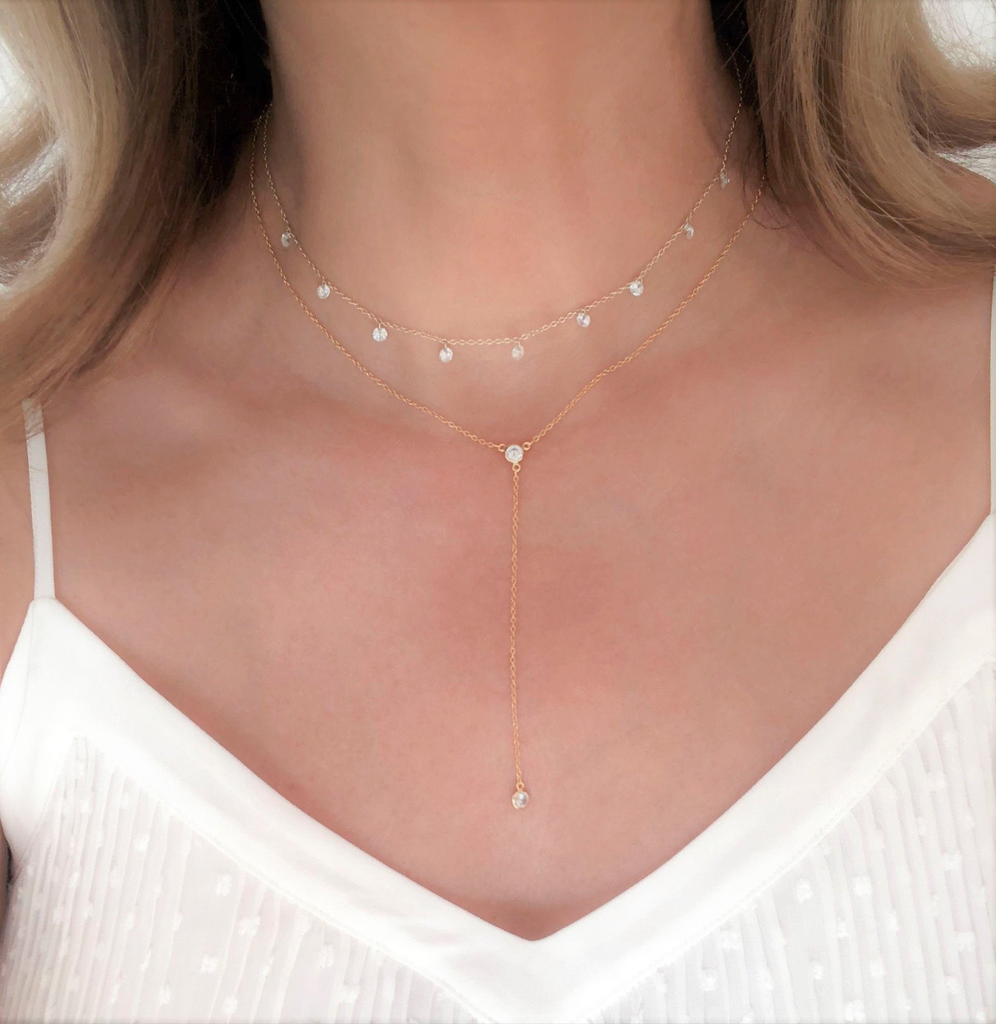 Delicate Lariat necklace. Gold Y necklace. Dainty Zircon drop necklace. Elegant Y necklace. Minimal Layered jewelry. Statement necklace