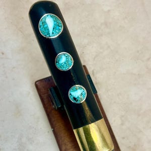 Rosewood Handle, Brass bolster, Letter Opener with inlaid Arizona Turquoise  with a hardwood stand.