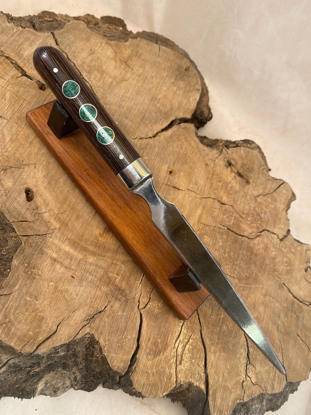Letter Opener Wenge Wood Nickel Silver Bolster Turquoise Inlays
