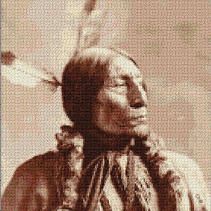 Può includere: Un ritratto seppia di un uomo nativo americano con abiti tradizionali e un copricapo piumato. Sta guardando in alto e a destra, con un'espressione pensosa sul viso.