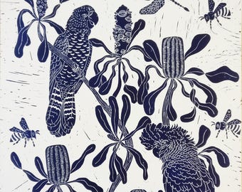 Kakadus und Kerzenständer Linoldruck, Wandkunst, originale Kunst, botanische Kunst