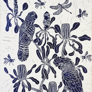 Cockatoo's and Candlesticks Lino print, wall art, original art, botanical art