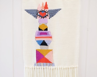 Love Totem Pole weaving, woven wall hanging, wall tapestry, wall art
