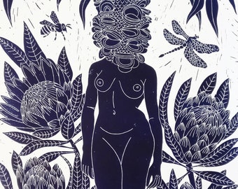 Betty Banksia Linoldruck/Original Kunstwerk/Wandkunst