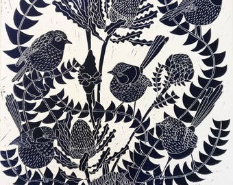 Fairy Wren and Banksia Lino Print, printed wall art, print, original art, wall art, wall art print, framed print