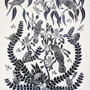 Birds in the Bush Lino print, original art, wall art print, original artwork, large Lino print