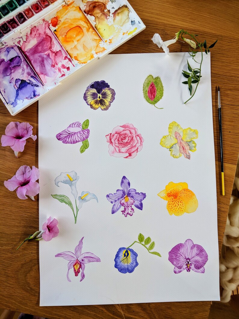K&ouml;nnte beinhalten: Aquarellmalerei verschiedener Blumen, darunter Stiefm&uuml;tterchen, Orchideen, Rosen und Lilien. Die Blumen sind in Schattierungen von Lila, Rosa, Gelb und Wei&szlig; gemalt.