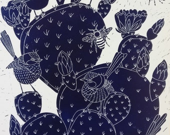 Prickly Pear and Fairy Wren Lino print/original art/wall art prints