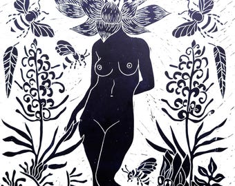 Willa Waratah Lino print/original art/wall art prints