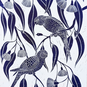 Rosella's and flowering gum Lino print/original art/wall art prints