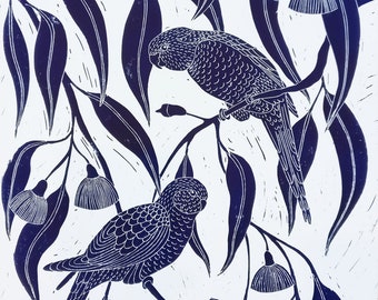 Rosella's and flowering gum Lino print/original art/wall art prints