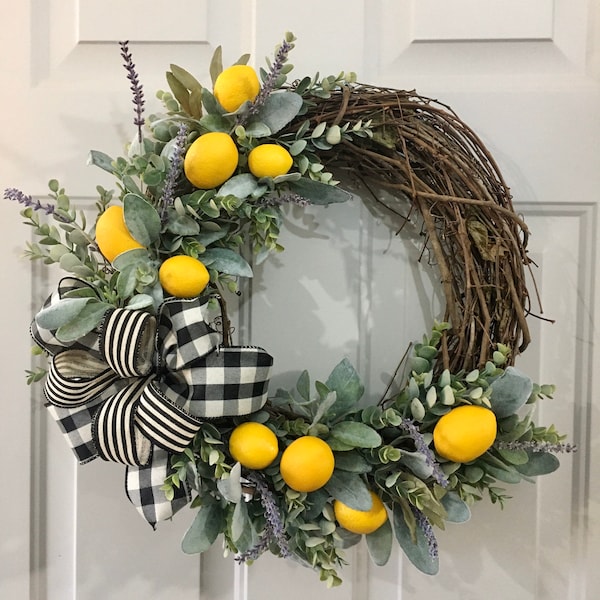 Lemon Summer Wreath For Front Door, Farmhouse Wreath, Summer Wreath, Lambs Ear and Lavender Wreath, Front Door Wreath, Spring Wreath