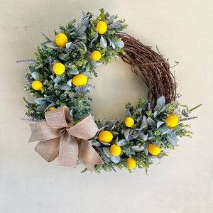 Farmhouse Lemon Summer Wreath, Wreath For Front Door Lambs Ear and Eucalyptus, Everyday Door Decor, Housewarming Gifts, Mother&#39;s Day Gift
