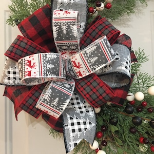 Farmhouse Christmas Bow, Red Plaid Christmas Tree Topper, Christmas Wreath Bow, Lantern Bow, Mailbox Bow, Winter Bow, Holiday Gift Wrapping