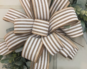 White and Natural Stripe Bow, Bow for Wreath, Wedding Bow, Lantern Bow, Mailbox Bow, Winter Bow, Christmas, Easter, Summer, Spring Bow