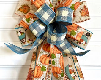 Fall Wreath Bow: Denim Blue, Cream, and Orange Autumn Decor