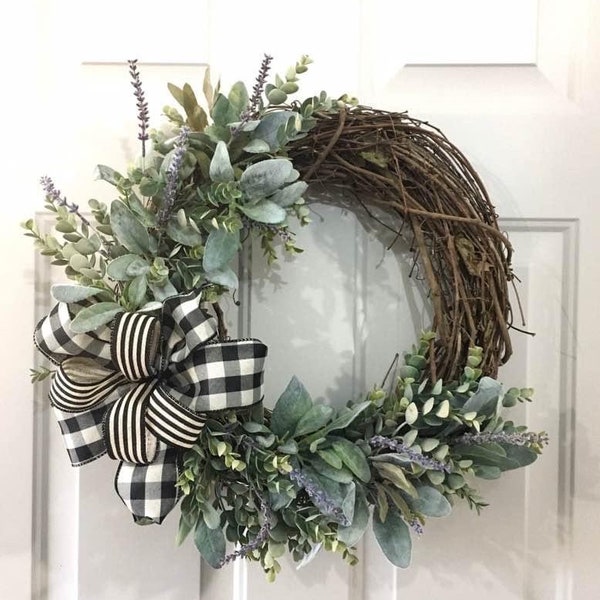 Spring Wreath For Front Door, Winter Wreath, Summer Wreath, Lambs Ear and Lavender Wreath, Christmas Wreath, Winter Wreath