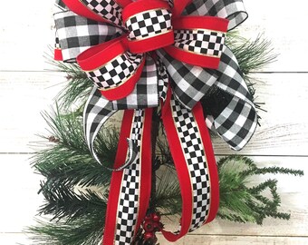 Red Check Christmas Bow, Plaid Wreath Bow, Bow for Lantern, Christmas Wreath Bow, Tree Topper Bow, Lantern Bow, Mailbox Bow, Winter Bow