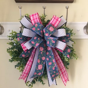 Pink & Denim Floral Spring Bow: Easter Wreath, Lantern, Swag Decor