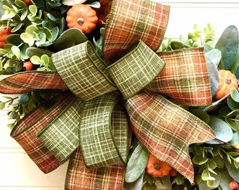 Fall Wreath Bow, Fall lantern Bow, Orange Plaid Bow, Autumn Bow, Swag Bow