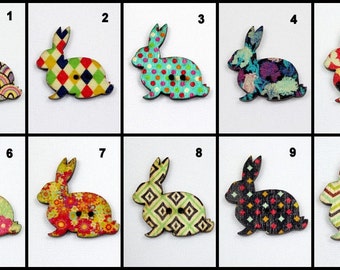 Vintage Wooden Bunny Rabbit Button - Multi-Color - 11 Designs