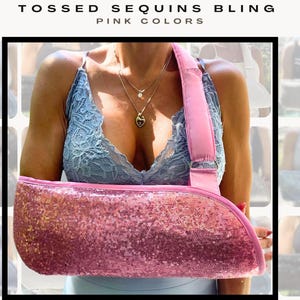 Arm Sling | Pink Tossed Sequins Designer Bling Arm Sling - cushioned and padded arm support - fashionable sparkly arm sling for woman