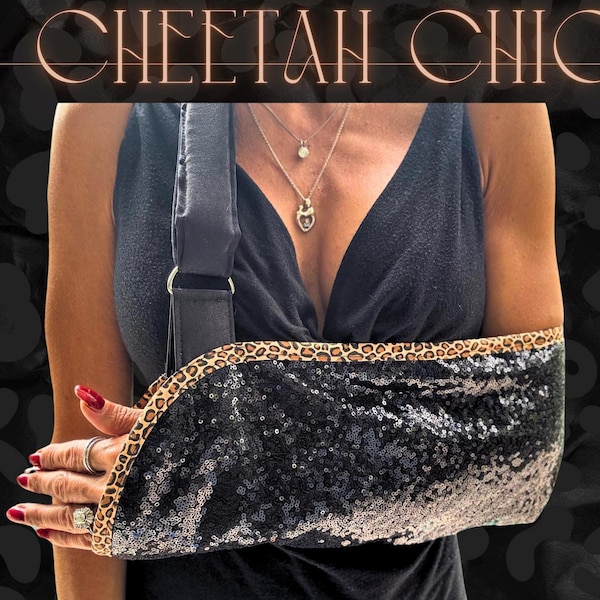 Arm Sling | Cheetah Chic Designer Arm Sling -  Black Sequins with Sassy Cheetah trim padded for comfort surgery arm support