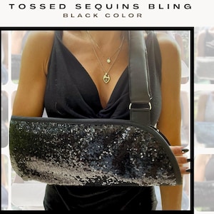 Arm Sling | Black Tossed Sequins Designer Arm Sling - Padded and adjustable for comfort surgery arm support - woman