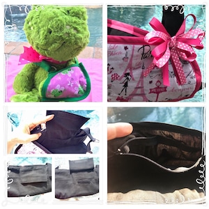 May include: A black fabric bag with a zippered pocket. The bag is open and the inside is visible. The bag is made of a soft, durable fabric and has a simple design.