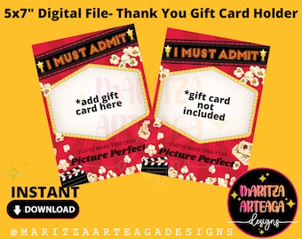 May include: A digital file for a 5x7 inch gift card holder with a movie theme. The red design features popcorn, film clapperboards, and the text "I MUST ADMIT" and "Picture Perfect". The holder includes space to add a gift card.