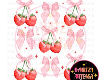 Valentinstag Erdbeeren & Coquette Bögen - 1 PNG-Datei | Transparente Dateien | PNG| | Sofortdownload | DTF | Sublimationsdruck,