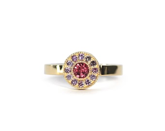 SPINEL RING - Spinel Mahenge and purple sapphire halo ring  - solid 14K yellow gold