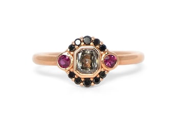 18K Rose Gold Unique Ring Salt & Pepper Diamond Black Diamond Ruby Gemstone Genuine Natural Gemstone Promise Ring Engagement Ring Rose Gold