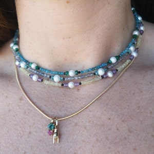 Mixed gemstones and pearl beaded necklace with sterling silver clasp - blue topaz - labradorite - carnelian - yellow quartz - tourmaline